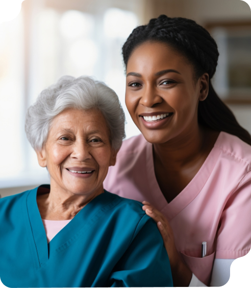 A woman providing care to an elderly woman who needs assistance with daily living activities